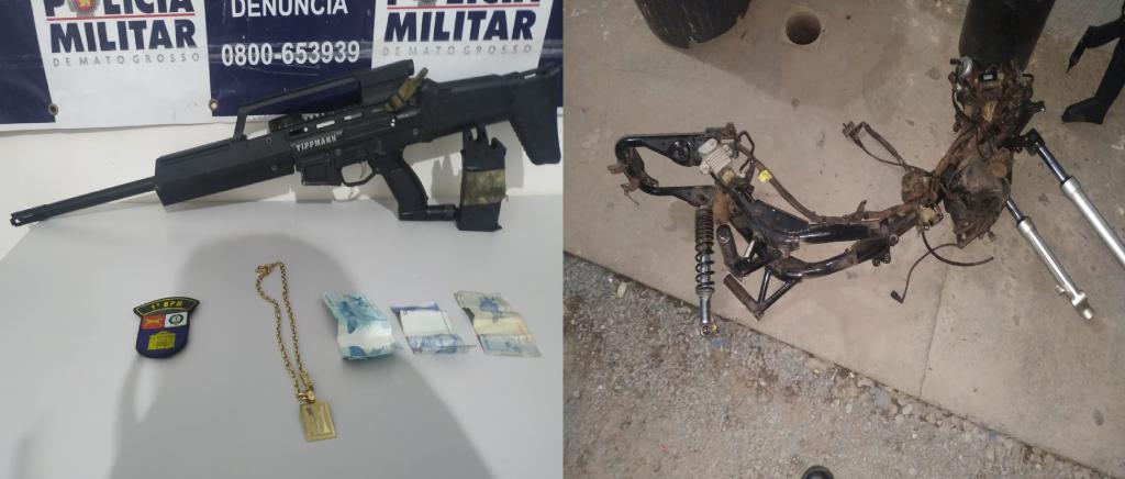 Policiais encontram réplica de fuzil e chassi de motocicleta durante ocorrência de perturbação