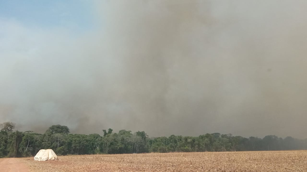 Incêndio de grande proporção atinge propriedades rurais; densa nuvem de fumaça cobre Lucas do Rio Verde