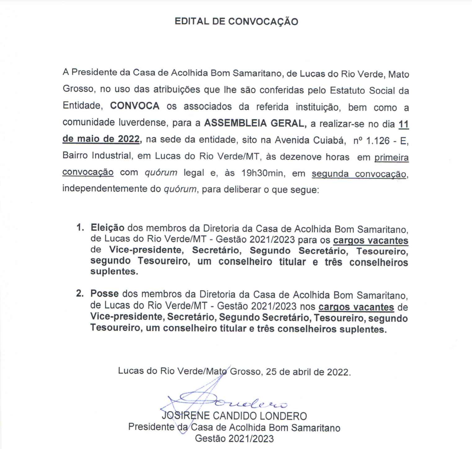 EDITAL DE CONVOCAÇÃO – Casa de acolhida Bom Samaritano
