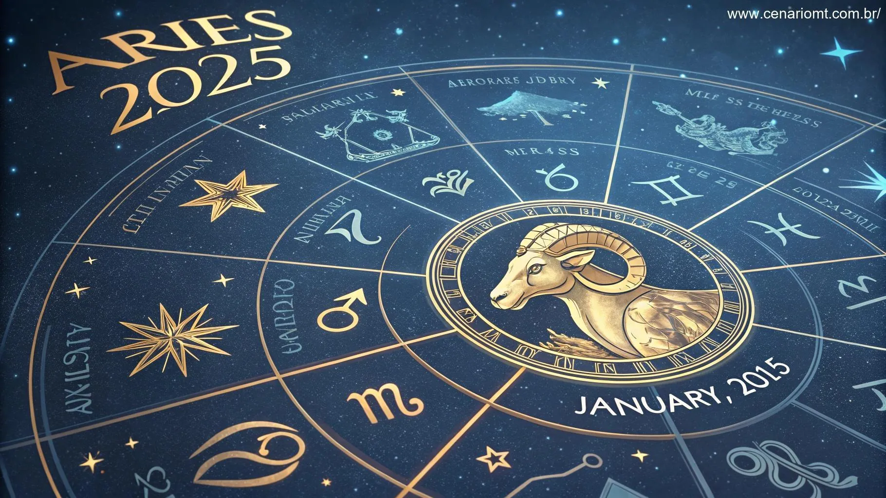 Representação astrológica detalhada para Áries em 31 de janeiro de 2025, com constelações e símbolos zodiacais dourados em fundo azul cósmico.