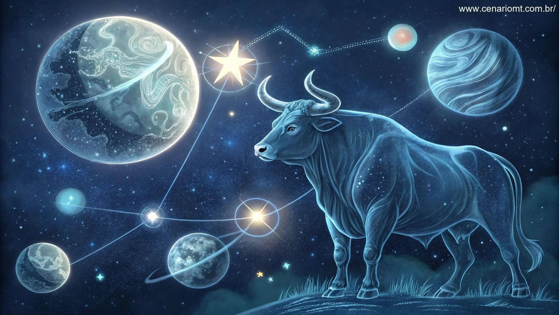 Ilustração artística da constelação de Touro cercada por corpos celestes brilhantes.