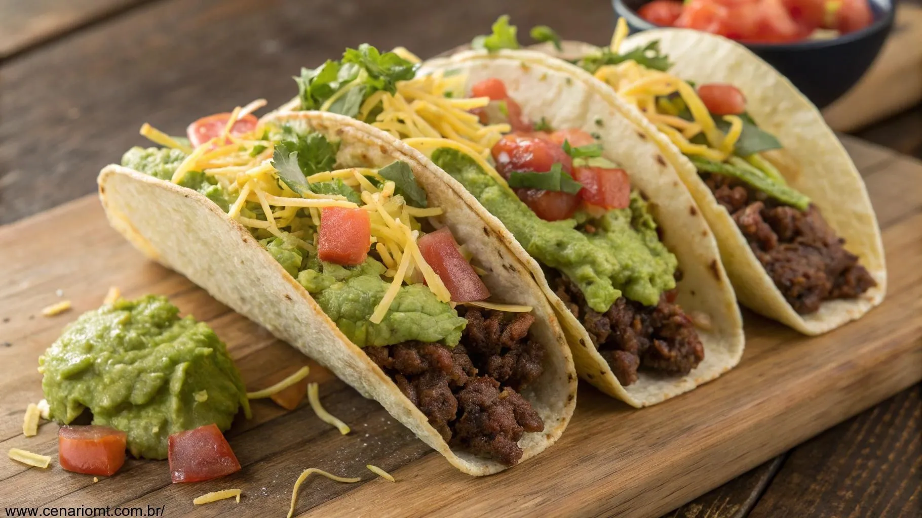 Tacos Mexicanos com Carne Moída e Guacamole: Uma Explosão de Sabores