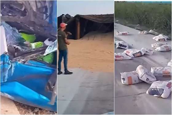 Colisão entre carretas interdita BR-364 em Jaciara e espalha carga na pista 